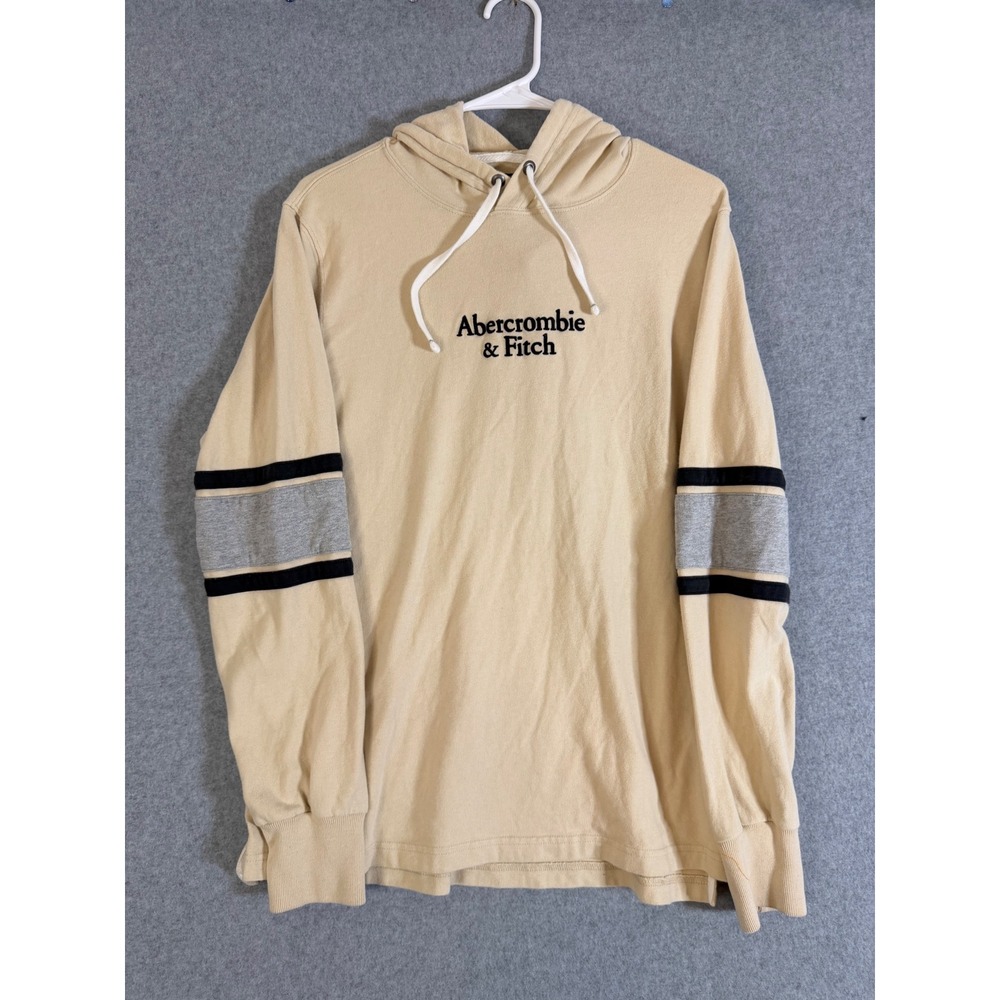 Abercrombie & Fitch Hoodie Mens Medium Tan Embroidered Logo Stripe Sleeve M